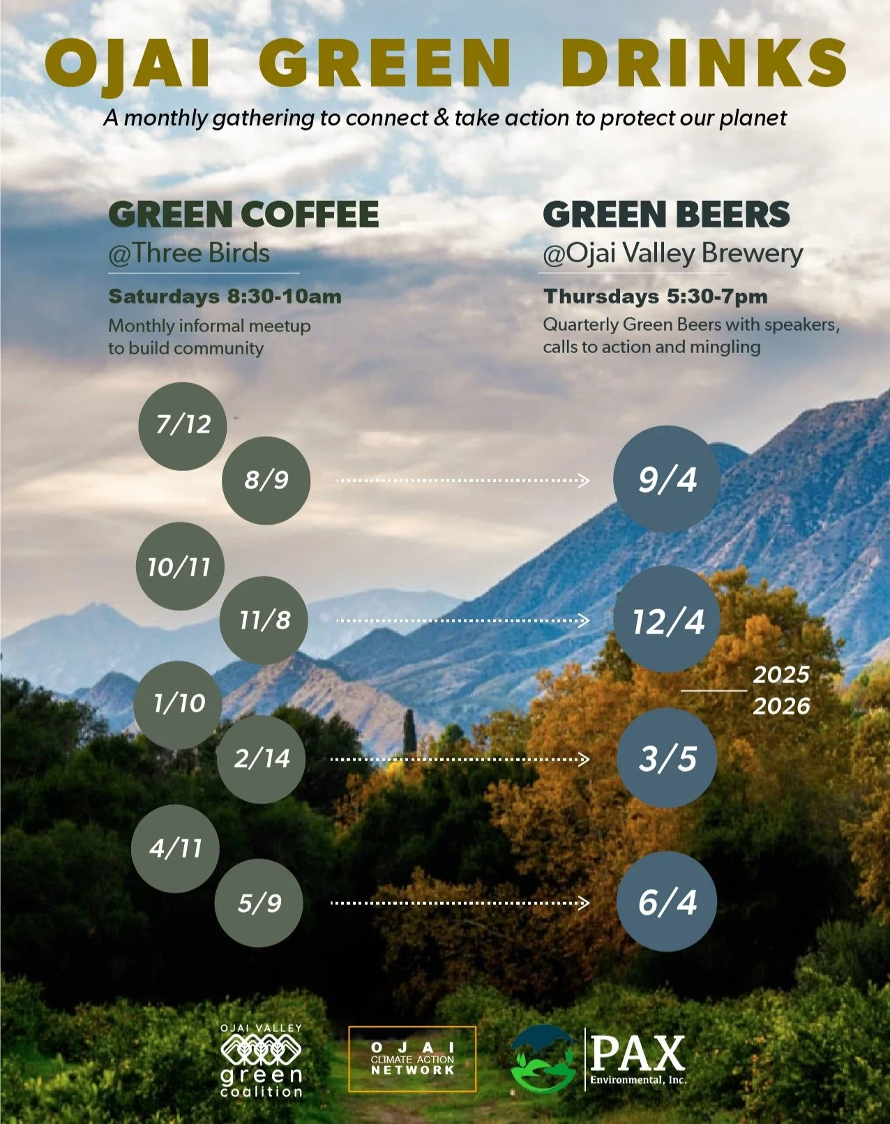 Raise your glasses, the new schedule is up for the Green Drinks 2025-2026 season! Pax is a proud sponsor and collaborator for these fun and informative events, in partnership with the Ojai Valley Green Coalition and the Ojai Climate Action Network. J