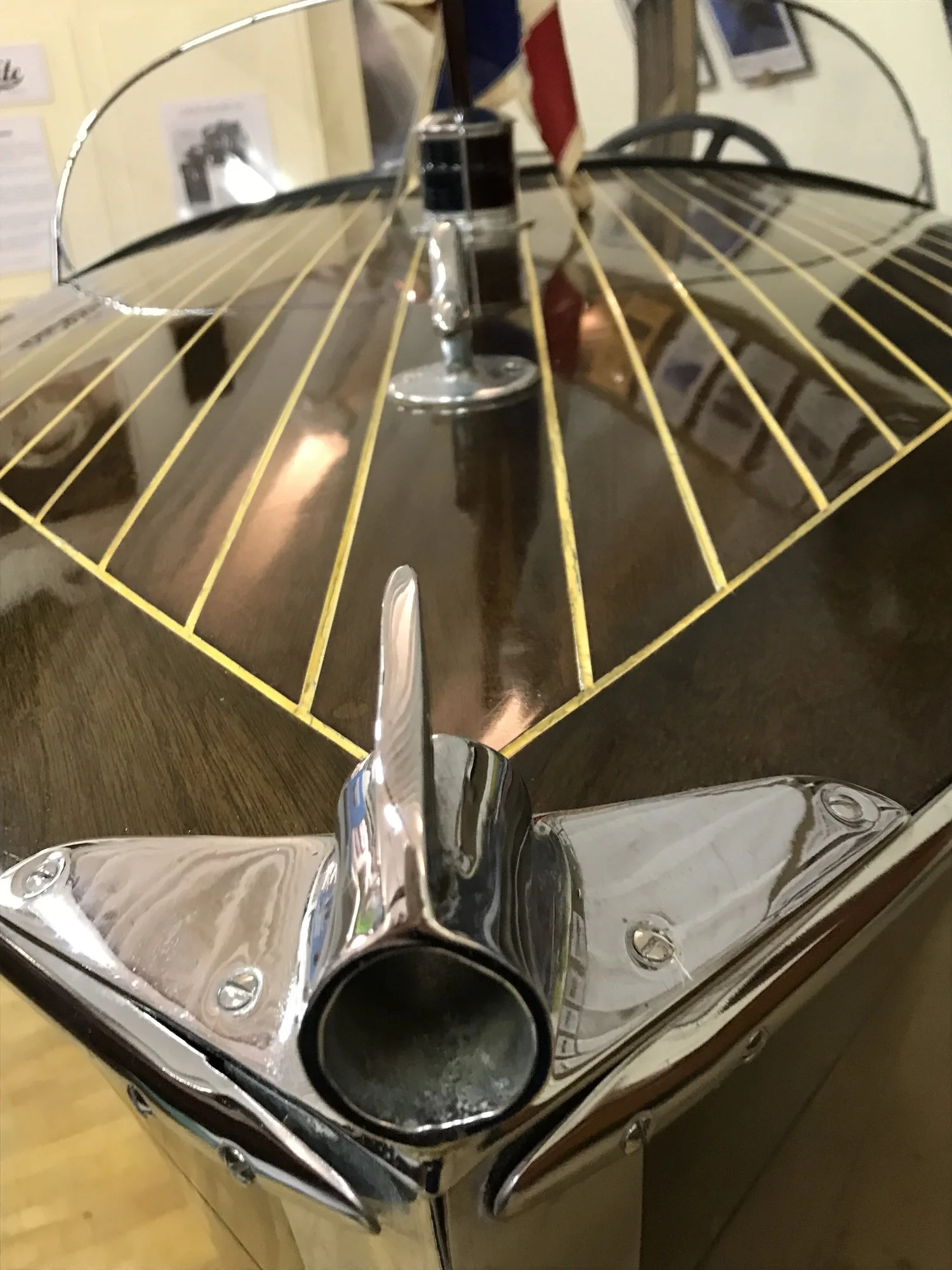 Detail of a wooden boat in the current NH Boat Museum exhibit.