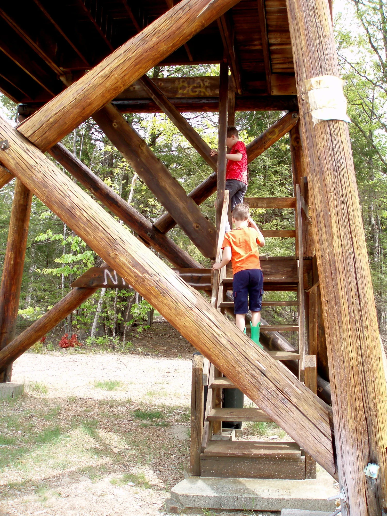 Climbing the tower stairs.