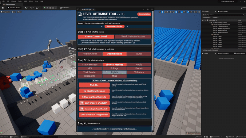 GIF of the Level Optimise Tool interface showing options for checking current level for potential bugs and optimisation opportunities.