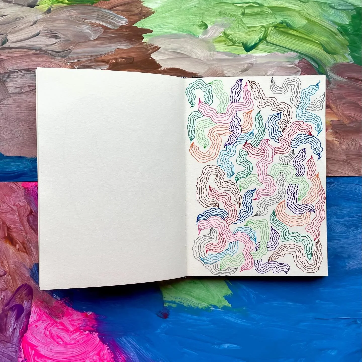 Some recent pages in my sketchbook, with paintings by my 3-year-old daughter in the background. 
I haven&rsquo;t had a lot of time for art lately as I&rsquo;ve been pretty busy with client work + kids + life, but I try and do a bit of drawing each da