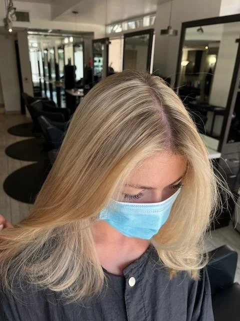 Bright blonde highlights and dimensional color at Salon Sonik hair salon in Pasadena
