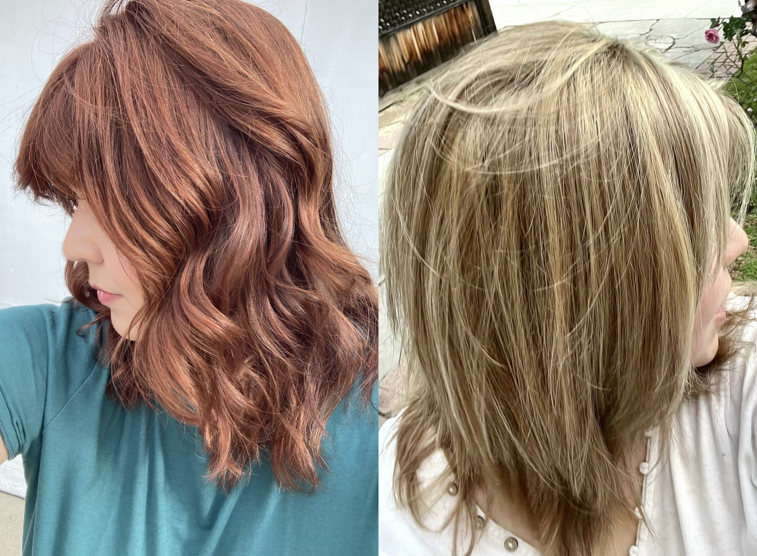 Before and after blonde to copper hair color correction at Salon Sonik in Pasadena