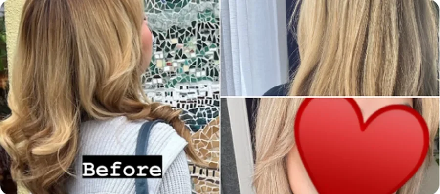 Side view of a woman with blonde hair before and after hair styling, with a red heart overlay covering part of her face.