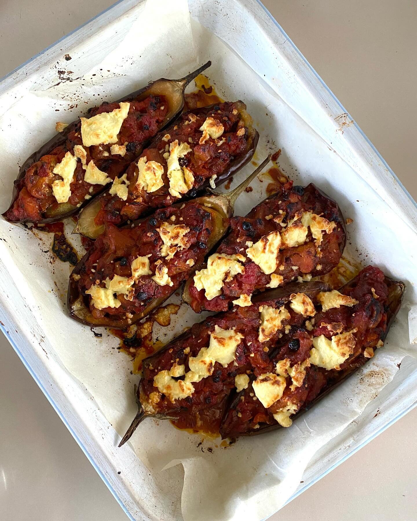 Eggplant stuffed with vegetables, spices and currants with feta #cooking #realfood #eggplant #vegetarian