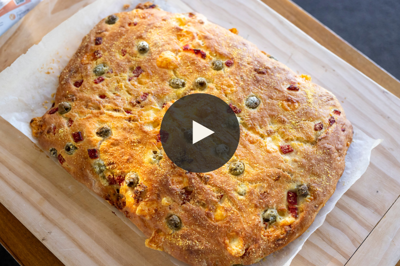 No-Knead Focaccia with Cheese, Pancetta, Olives and Roasted Capsicum