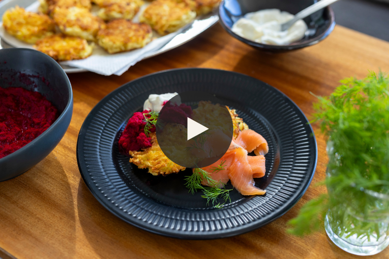 Latkes with Salmon and Horseradish-Beetroot Relish