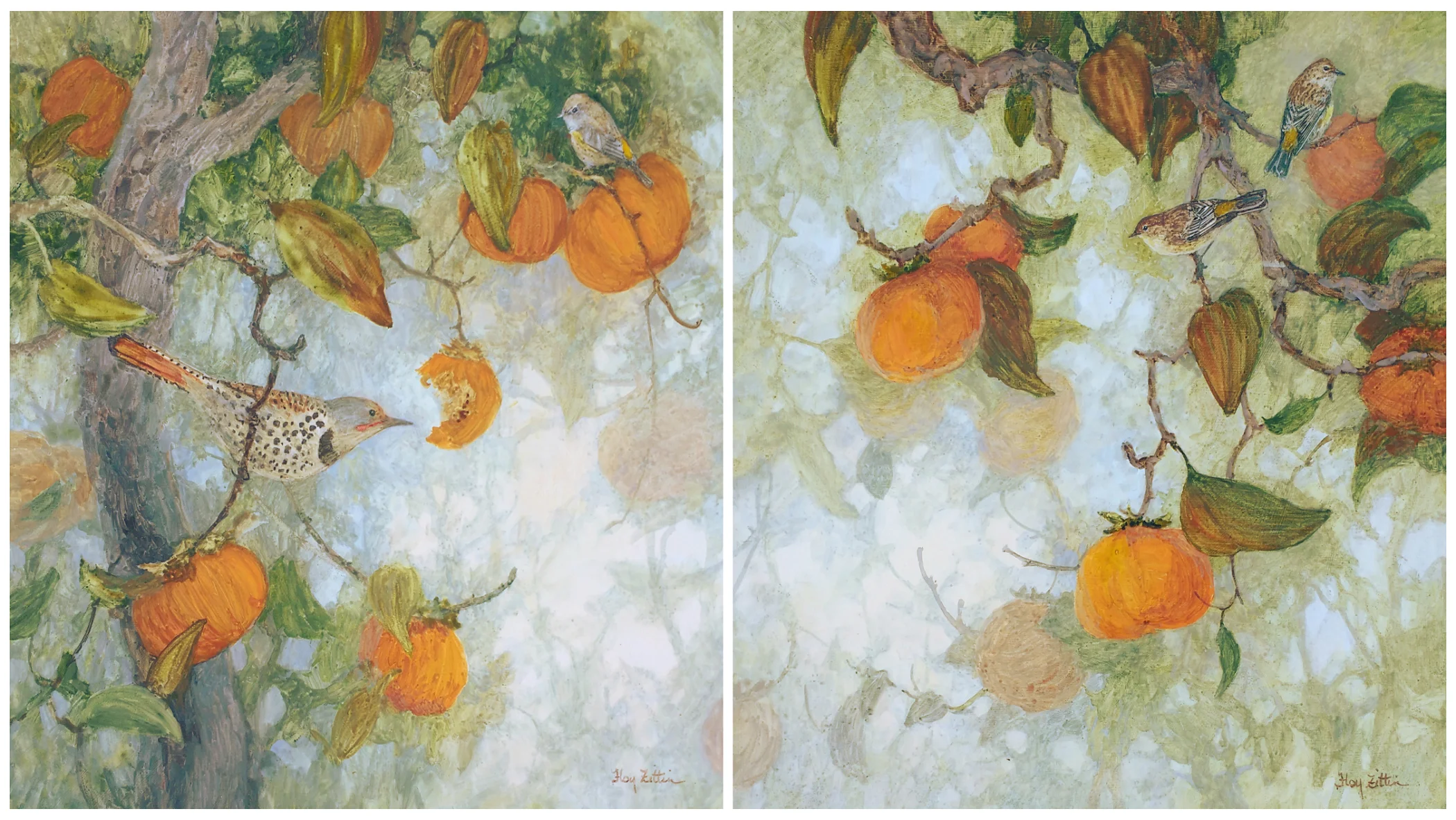Yellow-rumped Warblers, Flicker and Persimmons diptych each 16” x 16” watermedia on wood panel