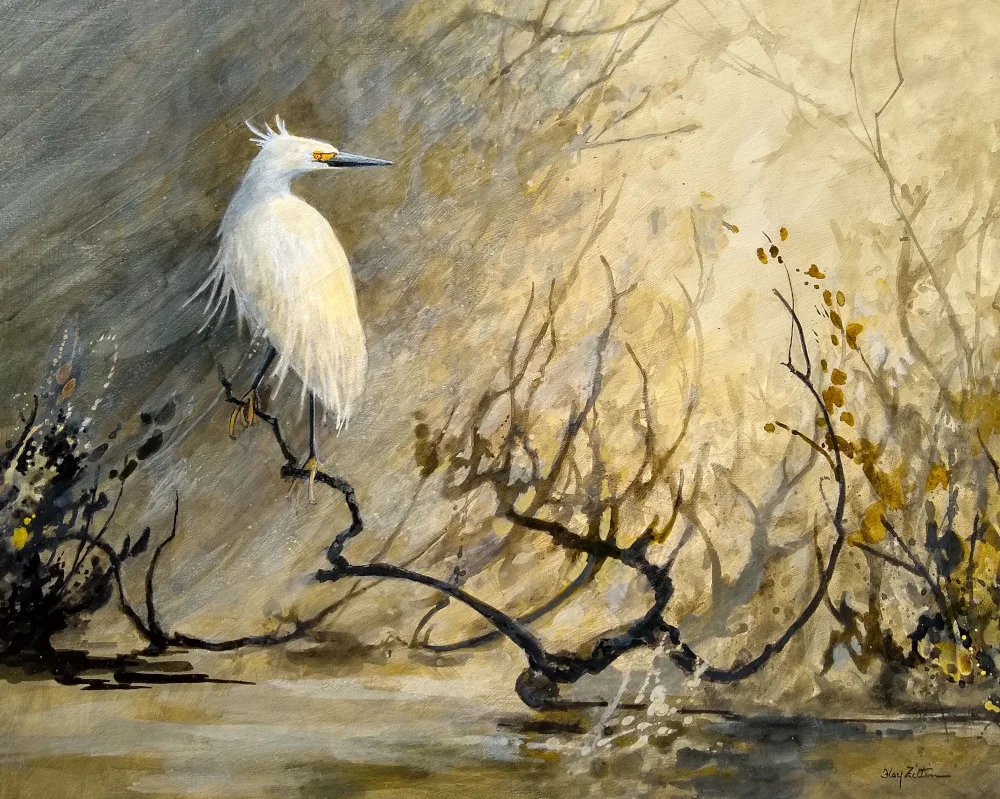 Snowy Egret 16” x 20” acrylic on wood panel
