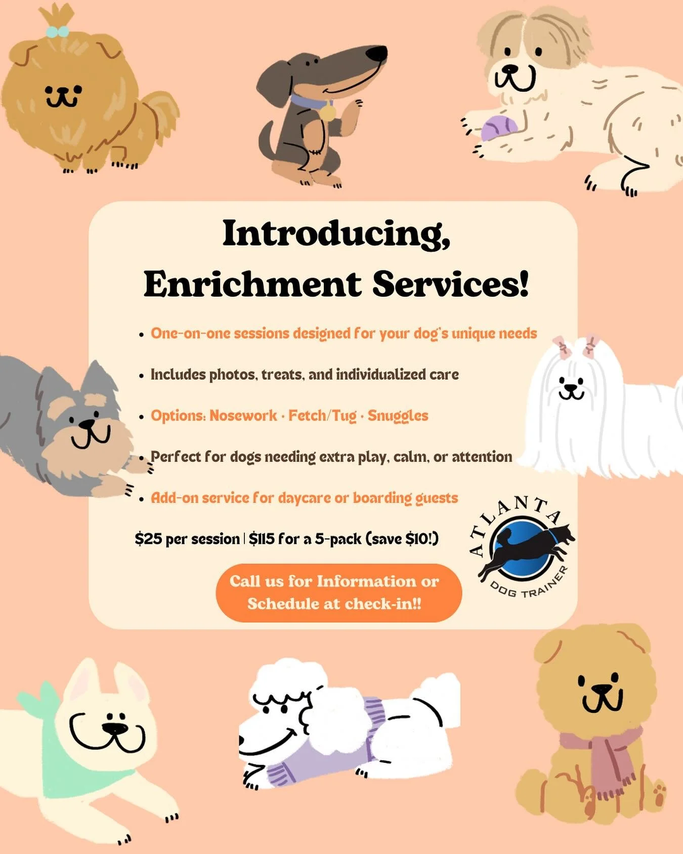 🐾 Introducing Enrichment Sessions at Atlanta Dog Trainer! 🦴

Our boarding and daycare dogs already enjoy tons of playtime, love, and attention every single day &mdash; but some pups just can&rsquo;t get enough! 💕

That&rsquo;s where our Enrichment