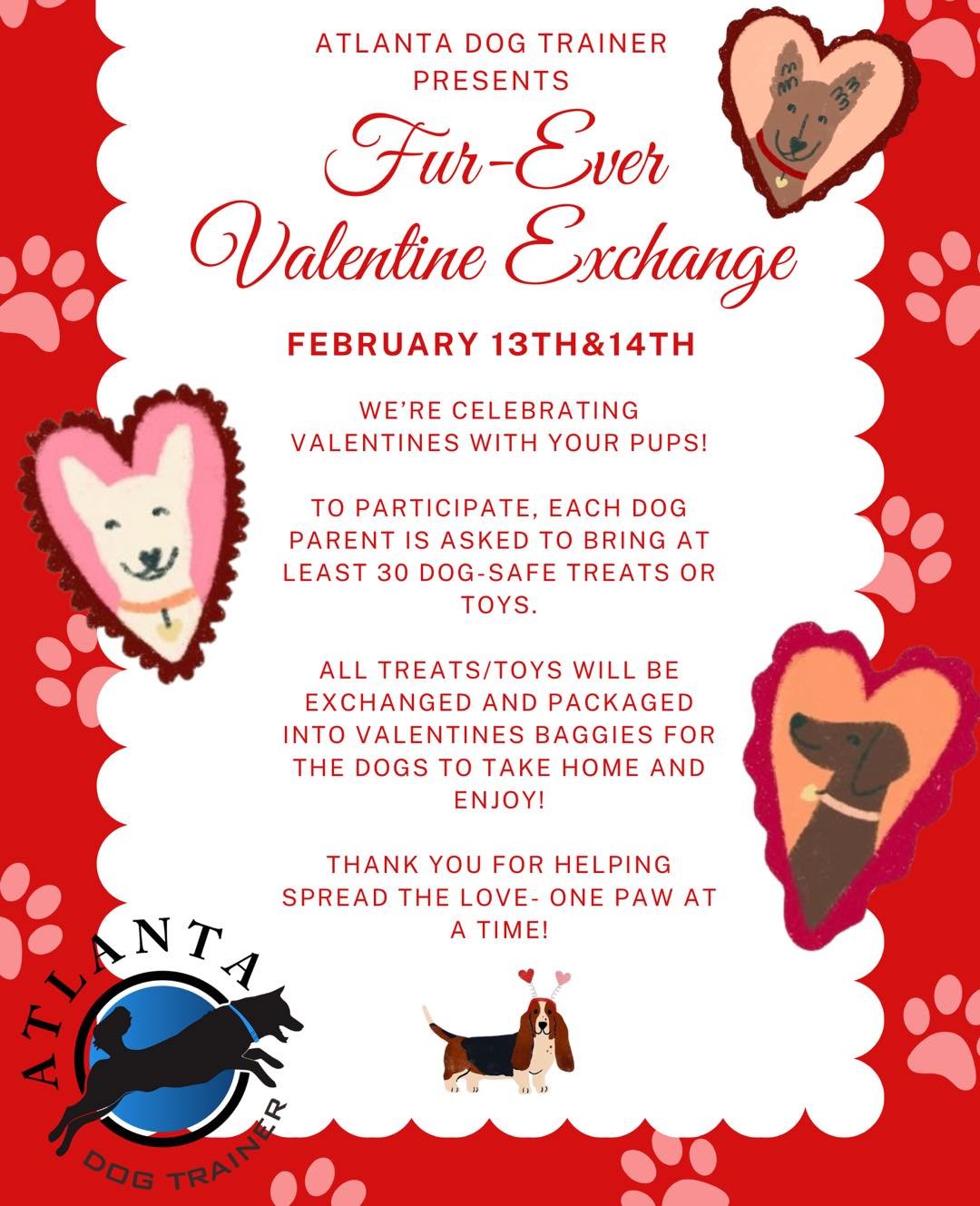 Valentine&rsquo;s Day with our daycare &amp; boarding pups 💕🐶
If your dog will be with us on 2/13 or 2/14, they&rsquo;re officially invited to our Fur-Ever Valentine Exchange!
All participating dogs will go home with a Valentine treat bag🦴💌
Feel 
