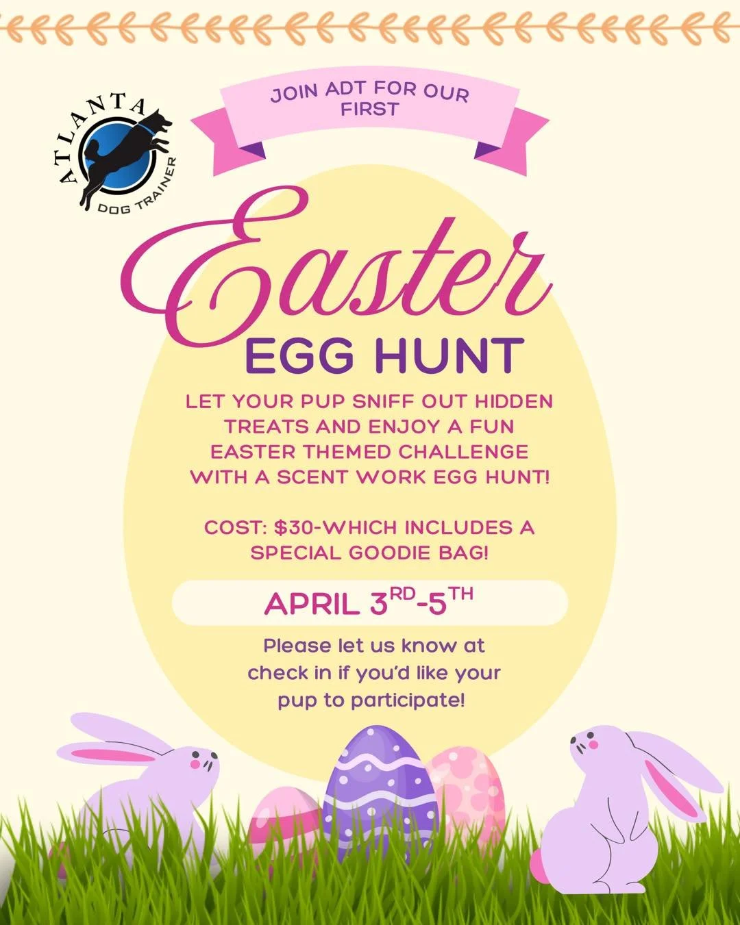 Easter just got way more fun 🐣🐾
We&rsquo;re doing Easter egg hunts April 3&ndash;5&mdash;sniffing, searching, and lots of treats included 🥚
And your pup will go home with an Easter basket! 🧺
Call us to get on the list or let us know at drop-off!