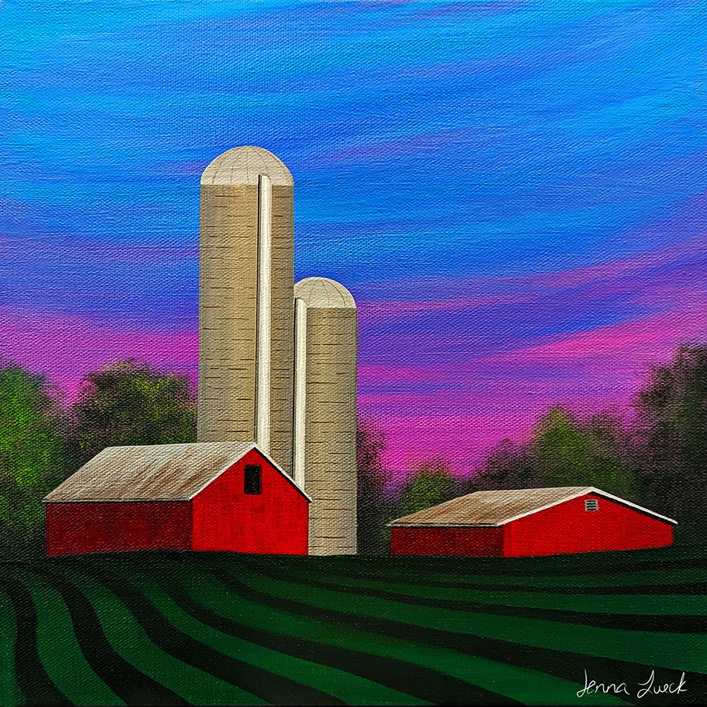 NestledInTheHills-Barn-Silos-Field-Sunrise-Painting-Jenna-Lueck.jpg