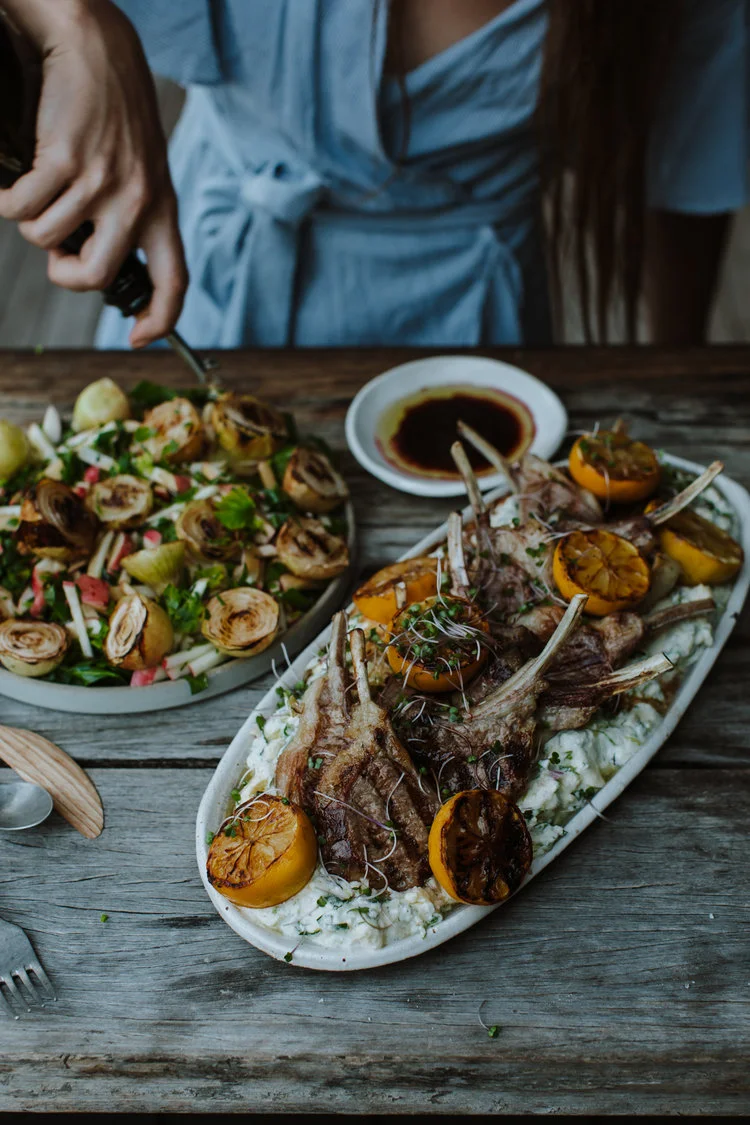 LAMB CHOPS WITH LABNE, LEMON AND GRILLED ONION