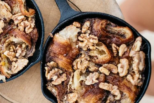 Caramelised Croissant Pudding with Maple Wanuts