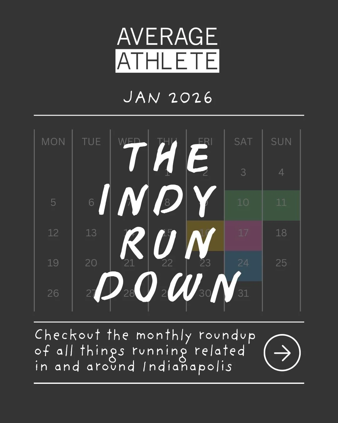 Starting the year like a true Average Athlete: a little late, still committed 🫠

Here&rsquo;s the Indy Run Down &mdash; all the running-related goodness going on around Indianapolis this month.

A new permanent home for this list is in the works. In