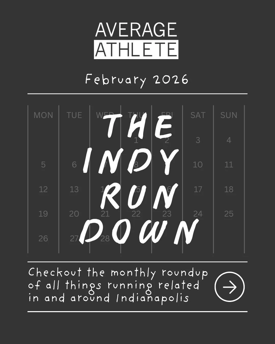 February IndyRunDown 🤍
The monthly roundup of all things running related in and around Indianapolis. 

What are you up to this month? Comment below!

#indyrunners #indianapolisevents #indianapolis #averageathlete #runnerscommunity