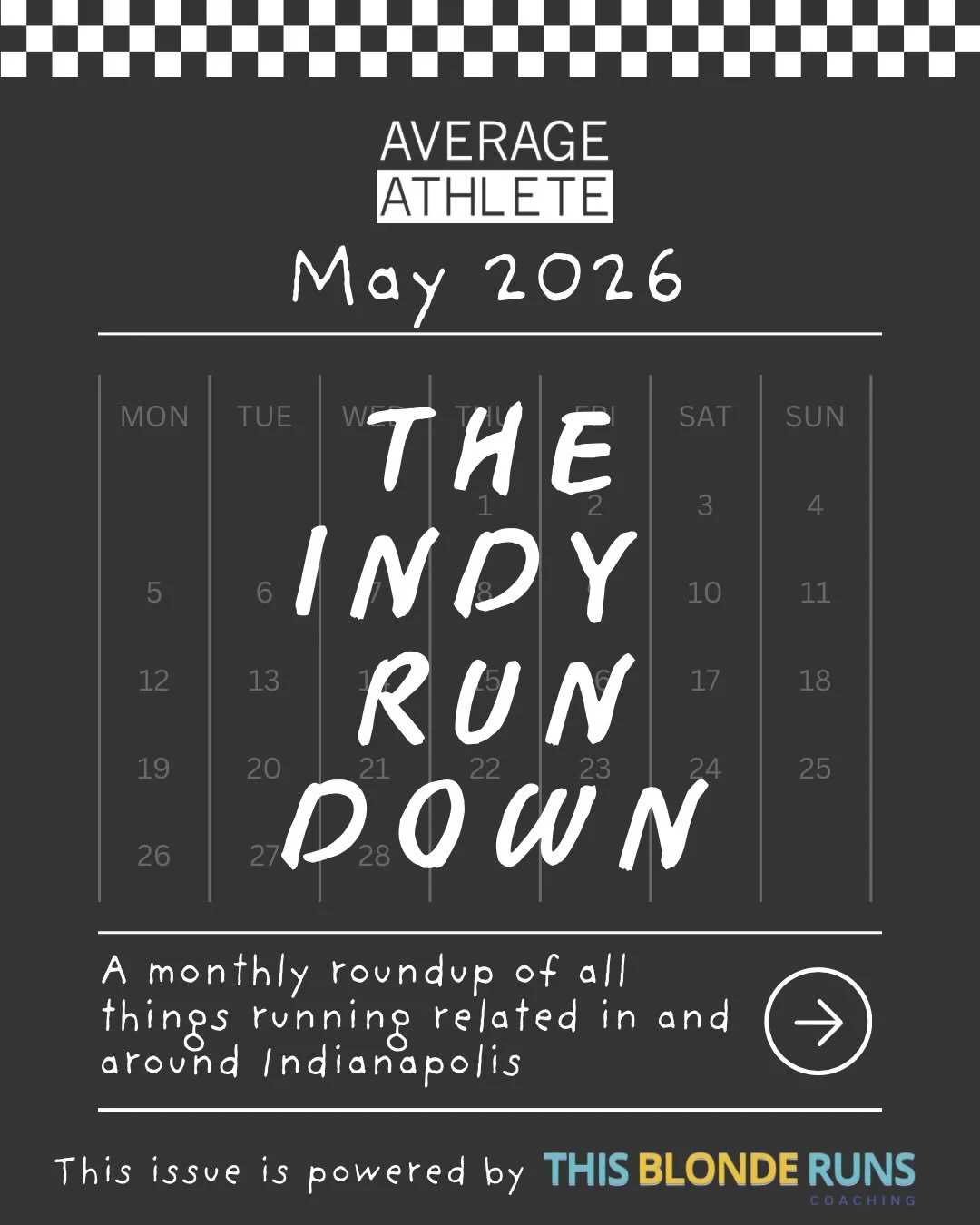 Sorry this is running late&hellip;I was, well&hellip; running. 🏁🏃&zwj;♀️😬

But Indy in May? It&rsquo;s STACKED.

Races, run clubs, shoe drops, education nights, and plenty of reasons to lace up (or just show up).

This is your Indy Run Down&mdash;