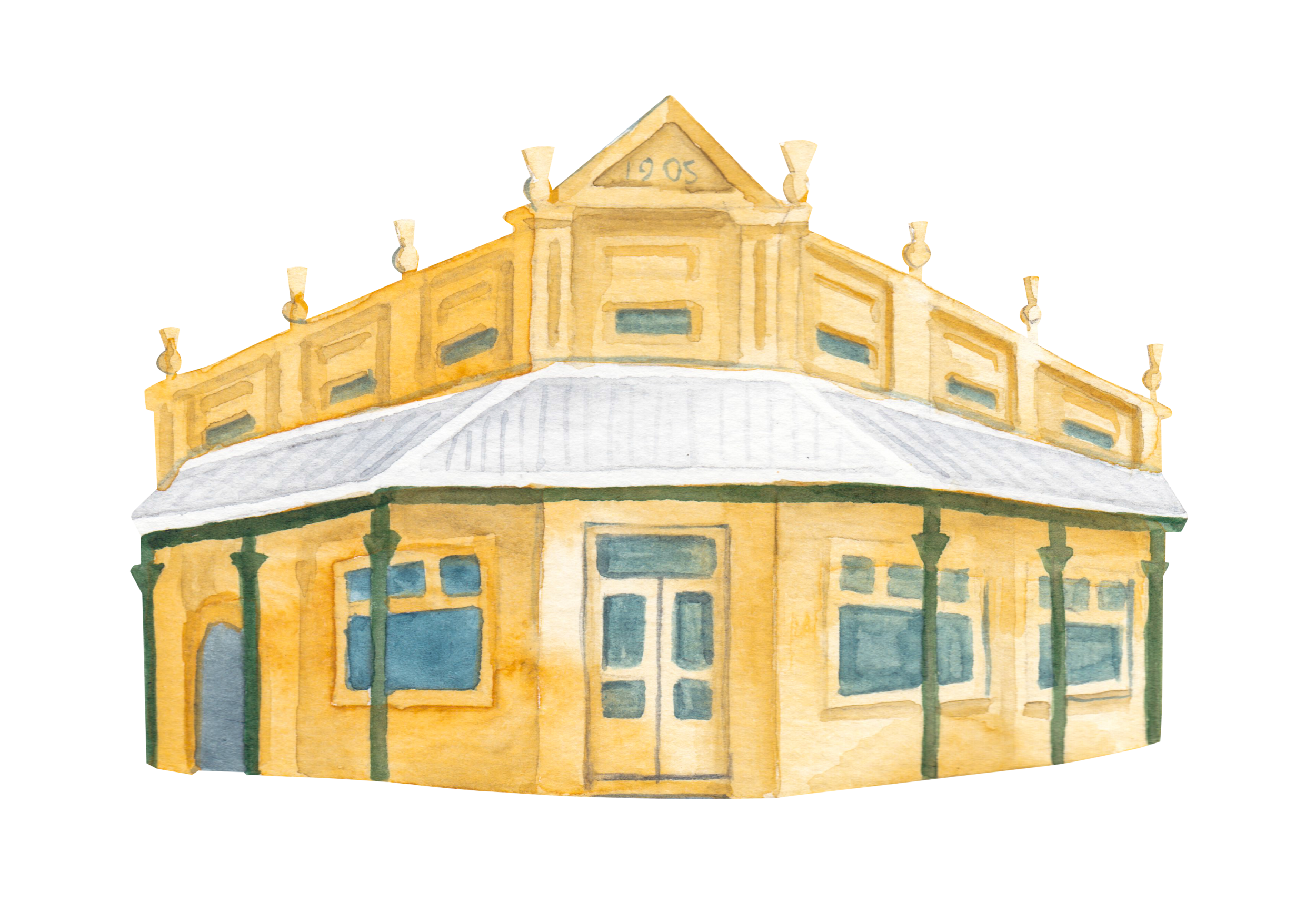 Courtesy of the Town of East Fremantle Heritage Trail, Artist: Miles Noel “Comprises a corner shop & 7 terrace residences with distinctive tall capped chimneys. The street’s namesake, George Pearse, arrived in WA in 1829.”