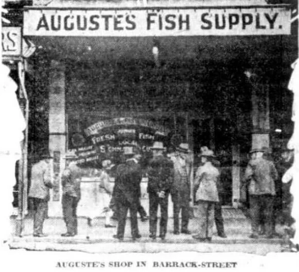 Augustesa fish shop The Mirror, Saturday 19 Apr 1930 p1 Photo Auguste’s Fish Supply Shop in Barrack Street, Perth.JPG