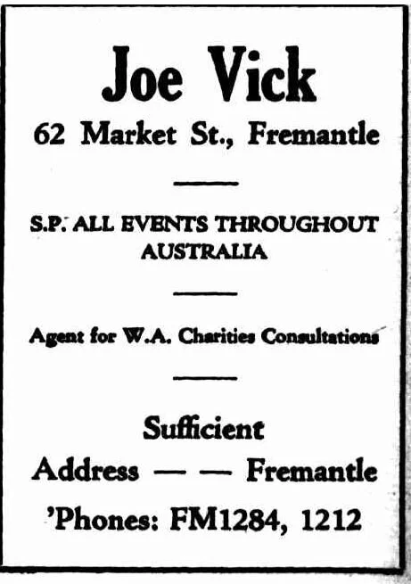 Ad for Joe Vick bookmaker, Listening Post 15 June, 1936 p 9