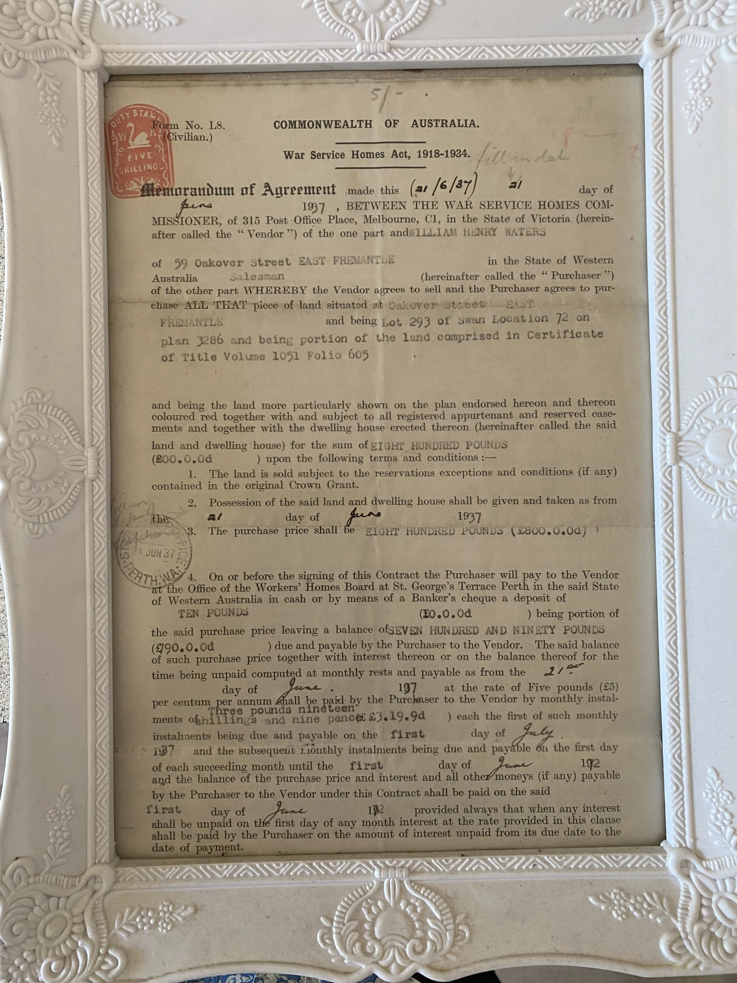 Deed of sale for war service home 1937, 59 Oakover st