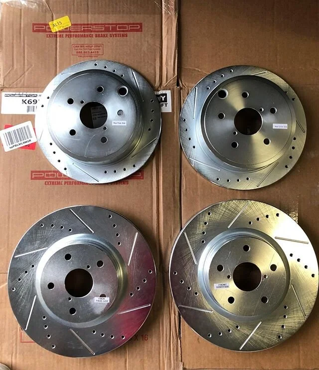 Could not complete the new wheel and caliper design without some rotors! Not just for performance, but for a very nice look! #Slotted and #Drilled Powerstop brake rotors and Evolution ceramic brake pads! Very excited to see what kind of braking power