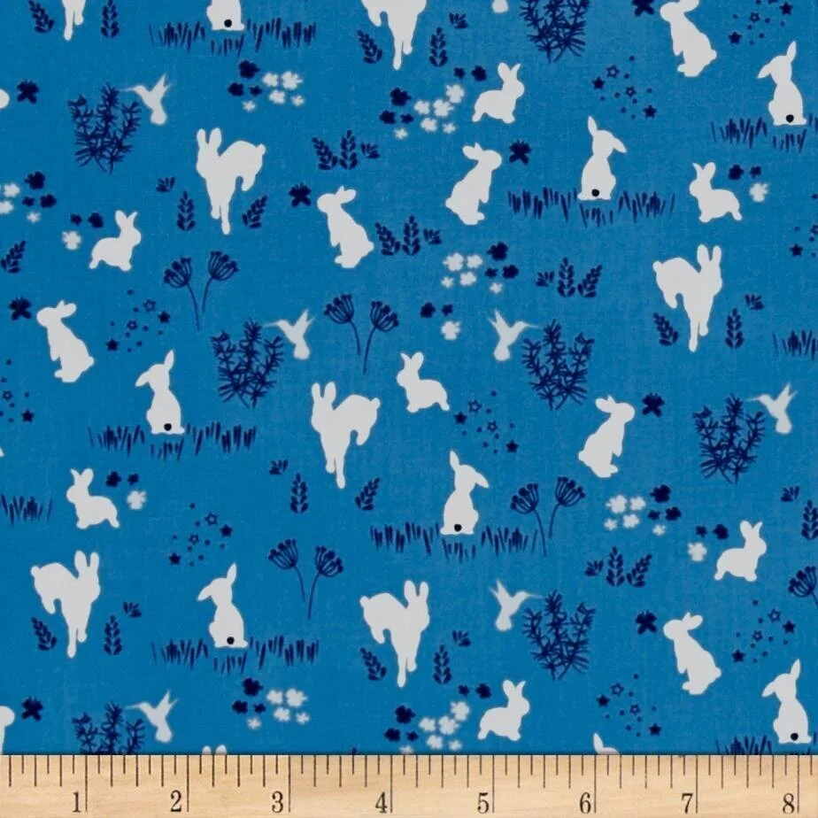 Bunnies and Hummingbirds on Blue