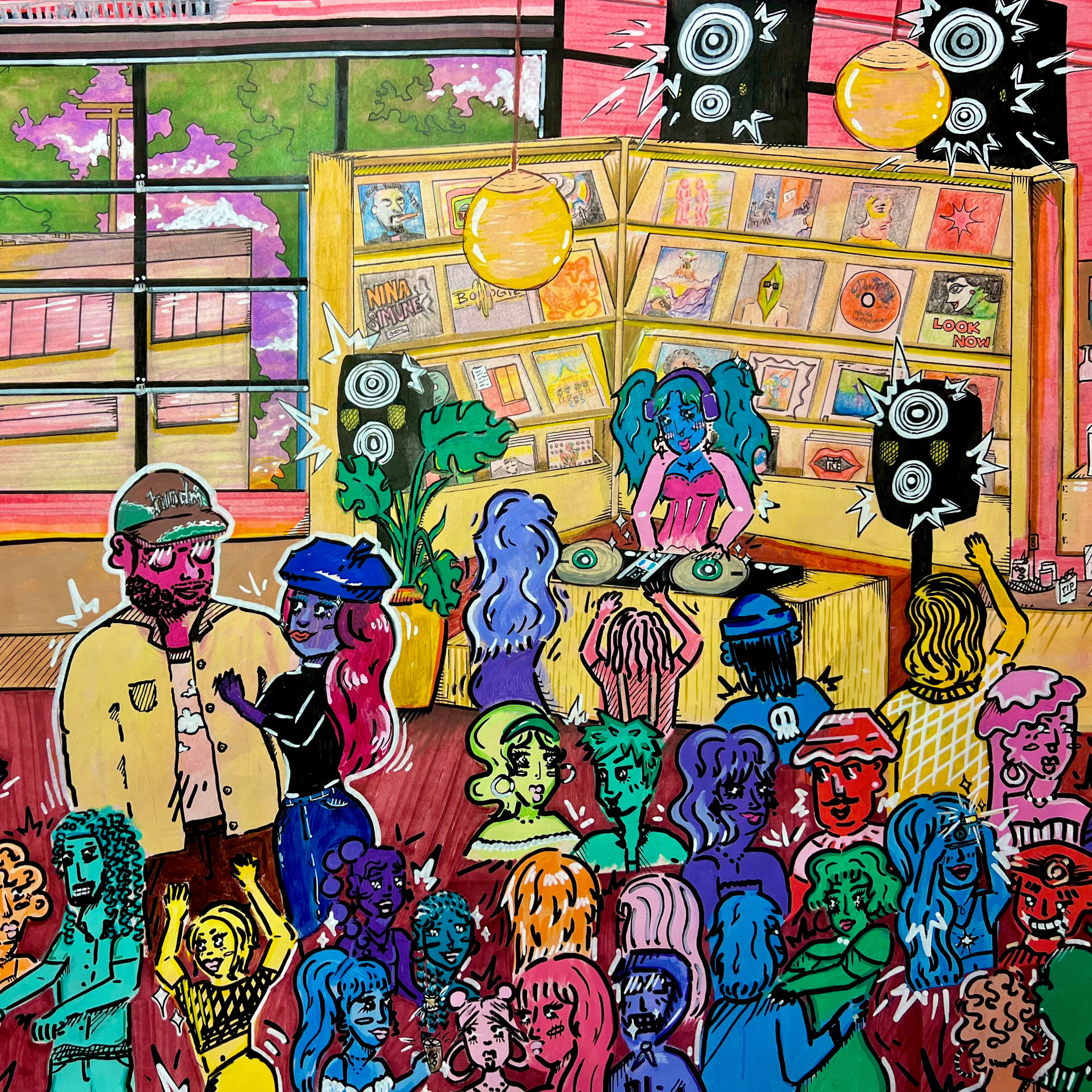 Colorful illustration of a lively indoor music event with a DJ, diverse audience, and album covers displayed on shelves.