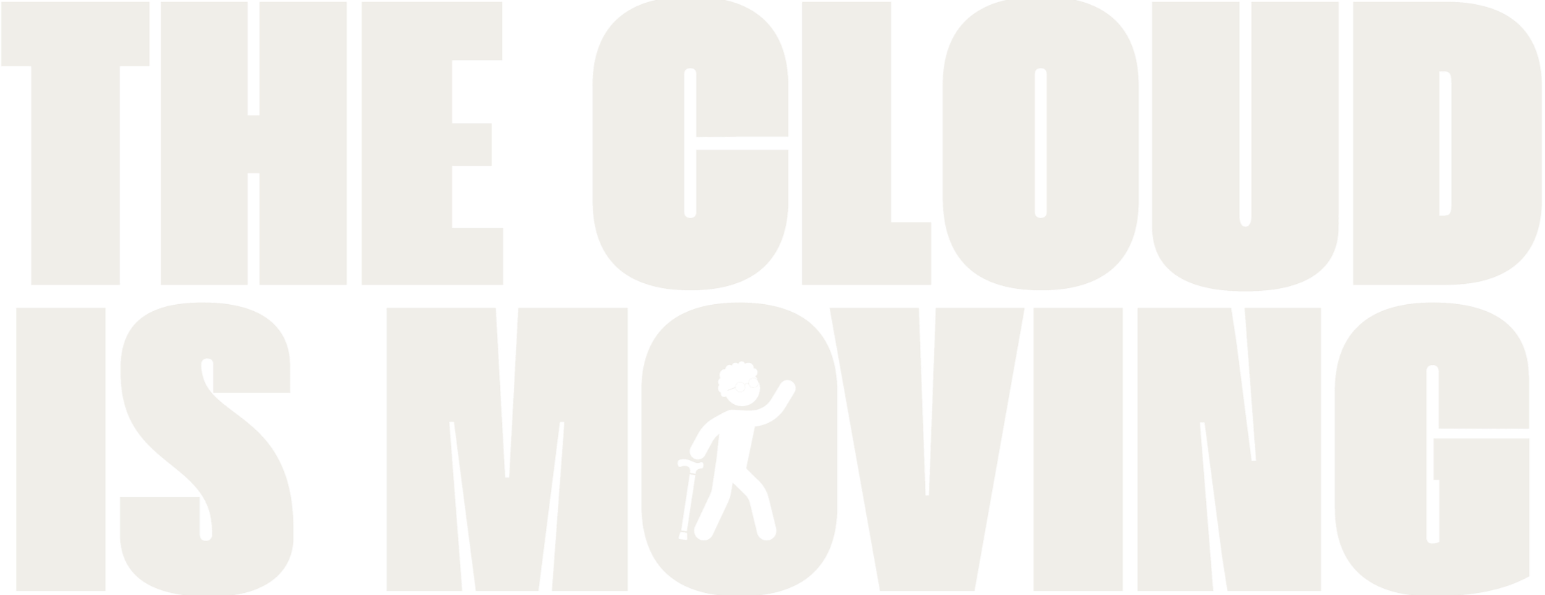 Text reading 'THE CLOUD IS MOVING'. A small cartoon of a person with glasses and a cane waves inside the letter 'O' in 'MOVING'.
