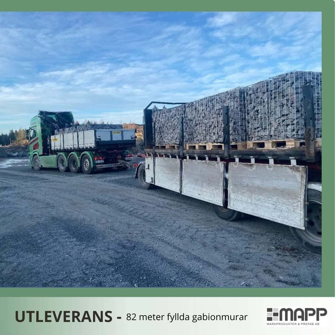 Idag levereras 82meter fyllda gabionmurar till kund i Huskvarna. 
Vi levererar b&aring;de stort och sm&aring;tt h&ouml;r av dig med din best&auml;llning redan idag! 🧱🚚✨