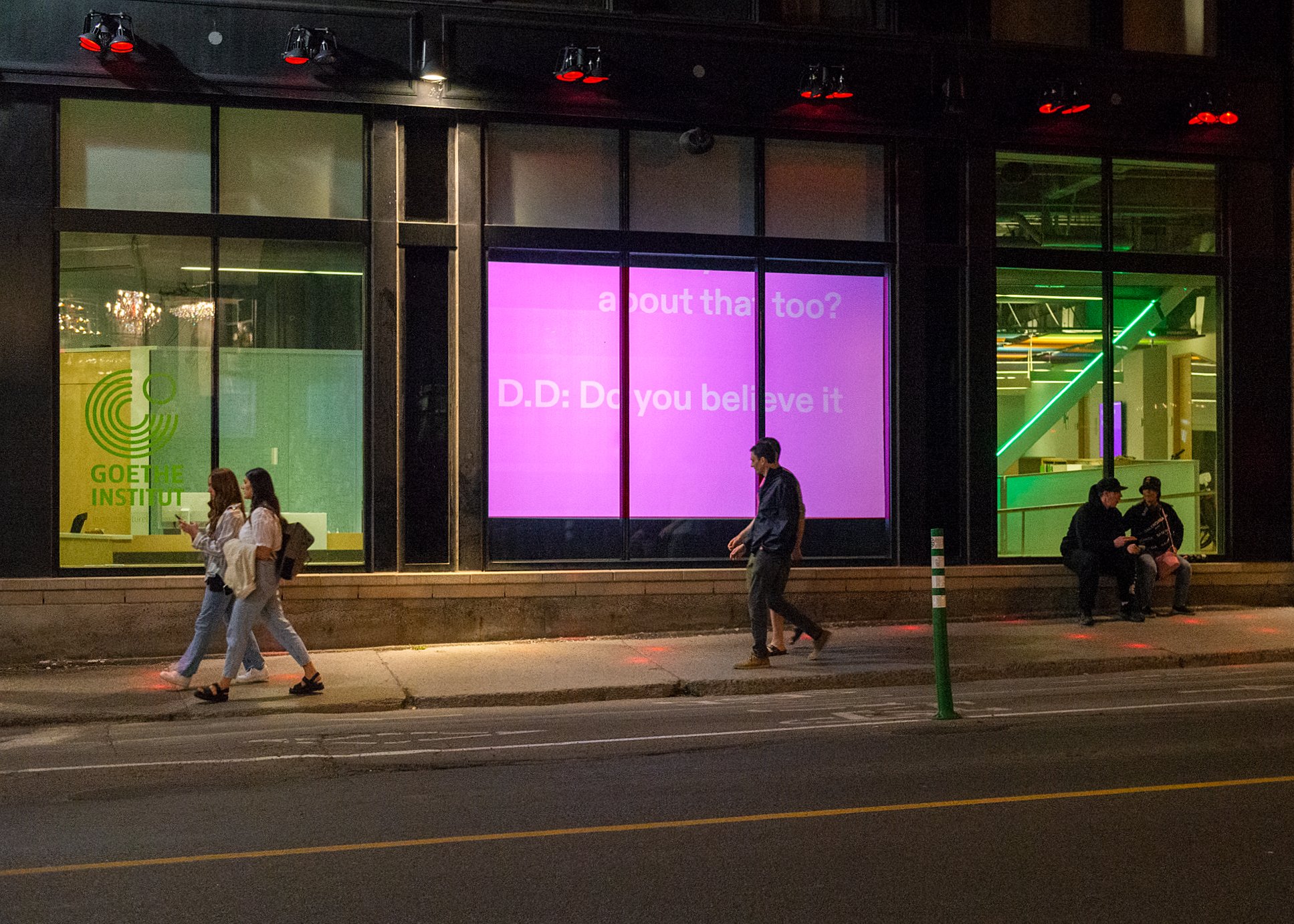 Experimental film 'The AIs' shows on Ontario Street and St-Laurent Boulevard at Goethe Institut Montreal (CA), May 7 - 20, 2023, from sunset to 00:00 am EDT
