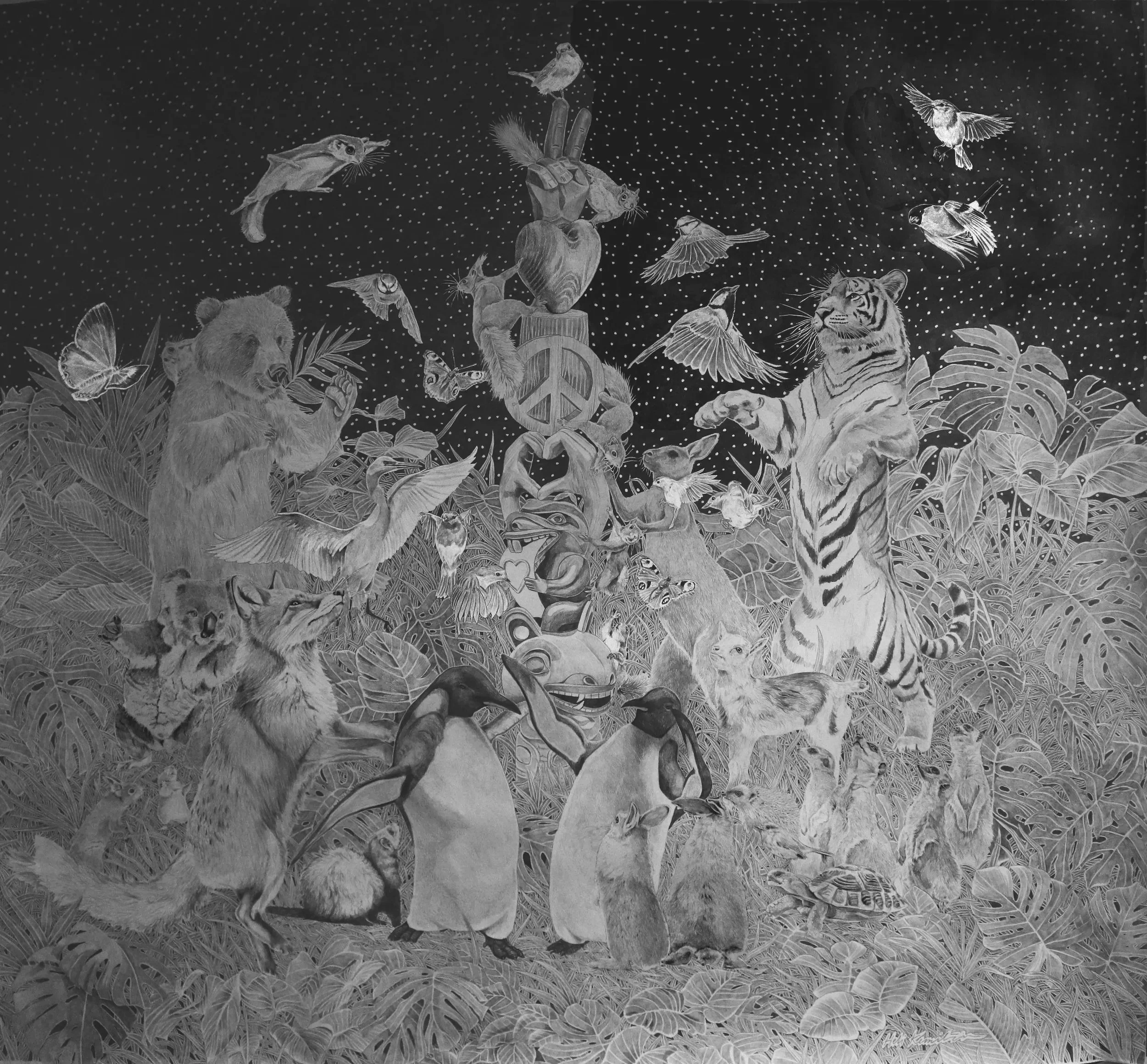 tanssi rauhalle ja rakkaudelle, 2025, jyijykynä paperille, 100 cm x 85 cm