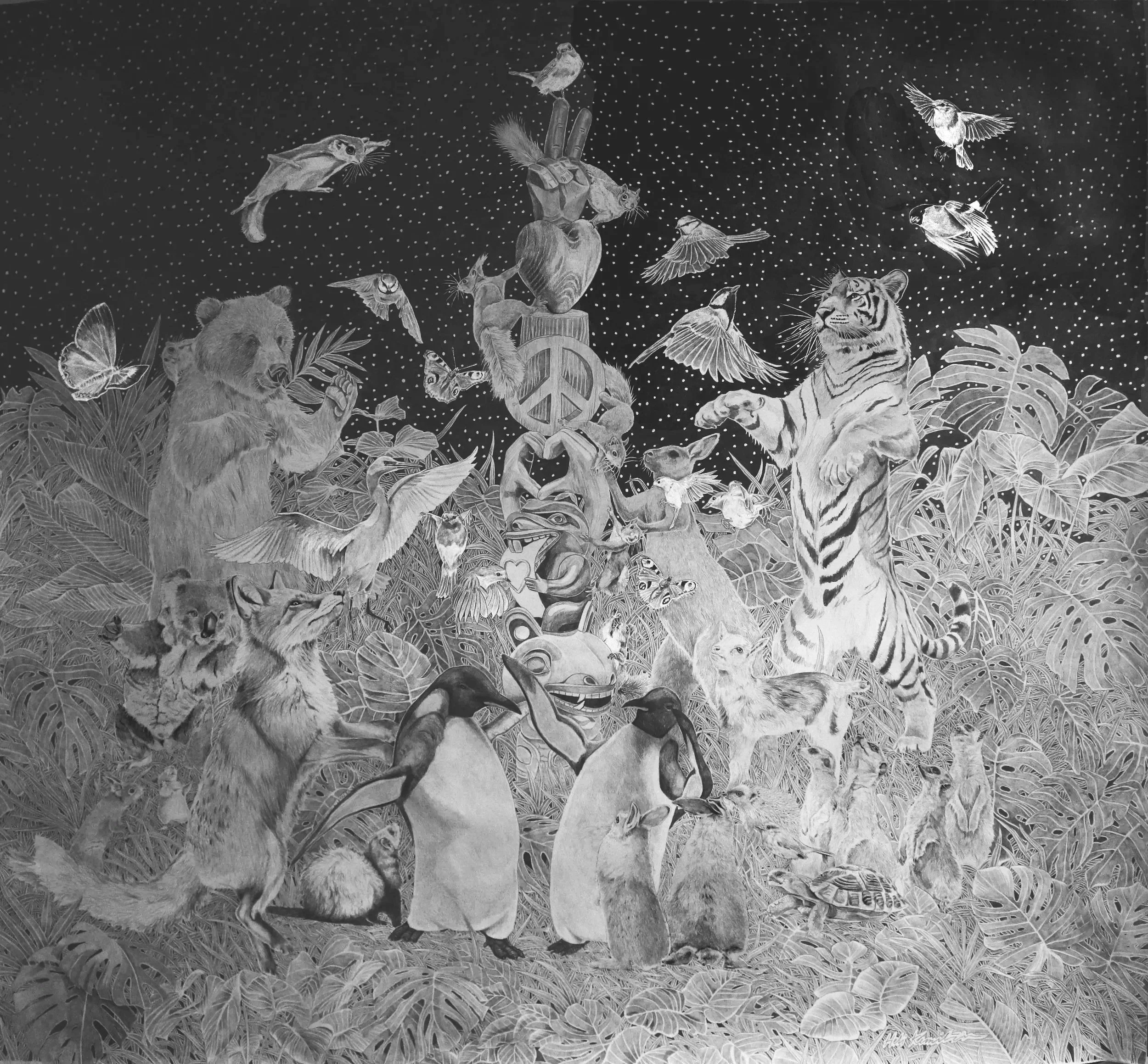 tanssi rauhalle ja rakkaudelle, 2025, jyijykynä paperille, 100 cm x 85 cm