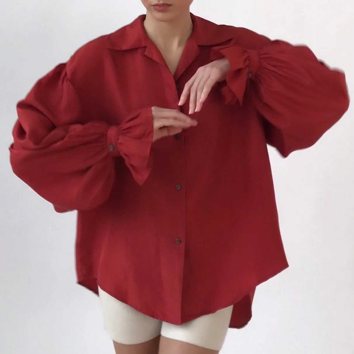 Vintage Sumac Red Silk Balloon Sleeve Button Up Shirt