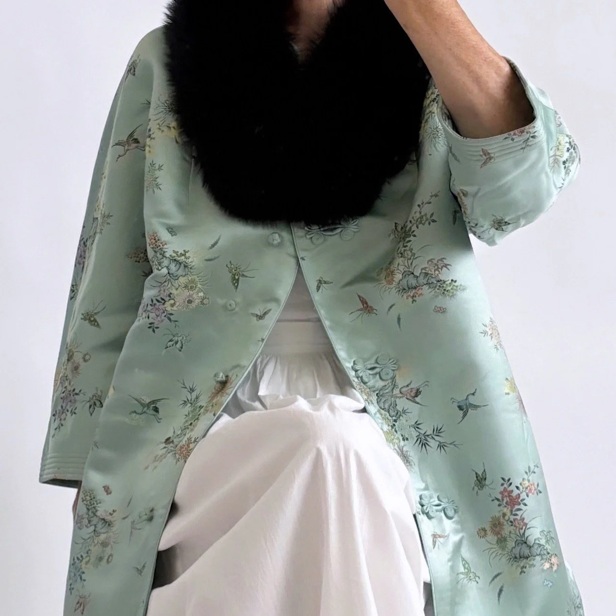 Vintage Sea Foam Floral SILK SATIN CHINOISERIE Jacket with Natural Fur Collar