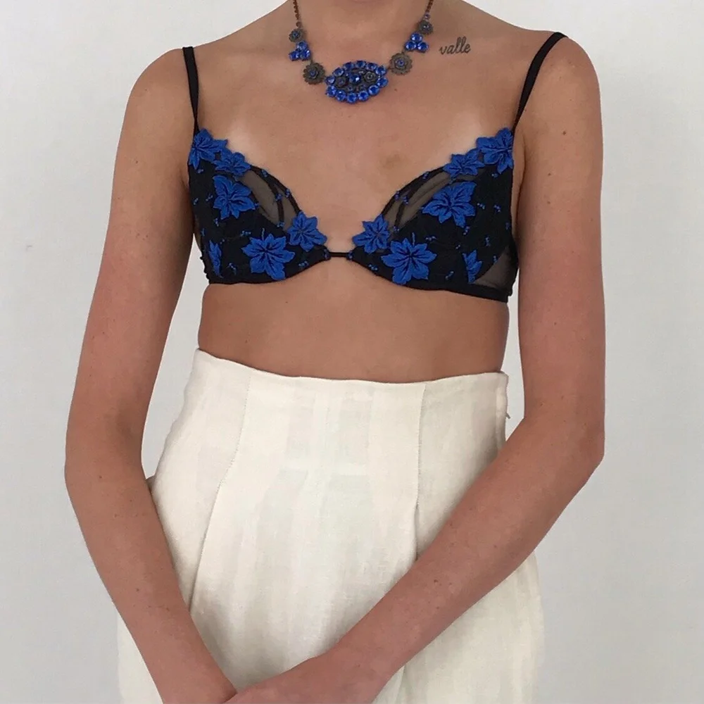 Vintage La Perla Floral Cobalt Black Embroidered Bra — Esmes