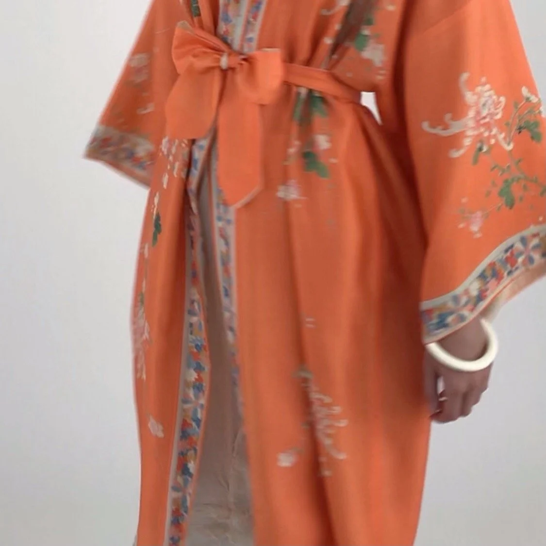 Vintage Chrysanthemum Tangerine Silk Lounge Robe