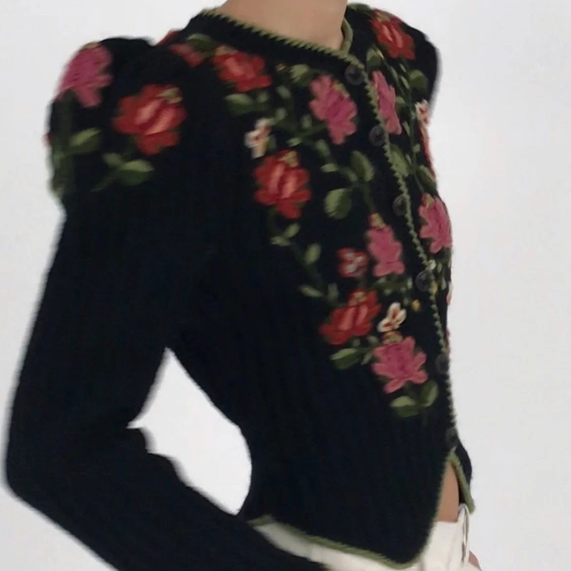 Vintage 80's Floral Hand Knitted & Embroidered Puff Sleeve Cardigan Sweater