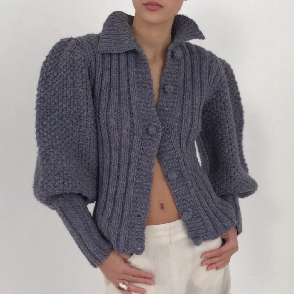 Vintage Slate Blue Juliet Sleeve Hand Knit Cardigan — Esmes Drawer Too