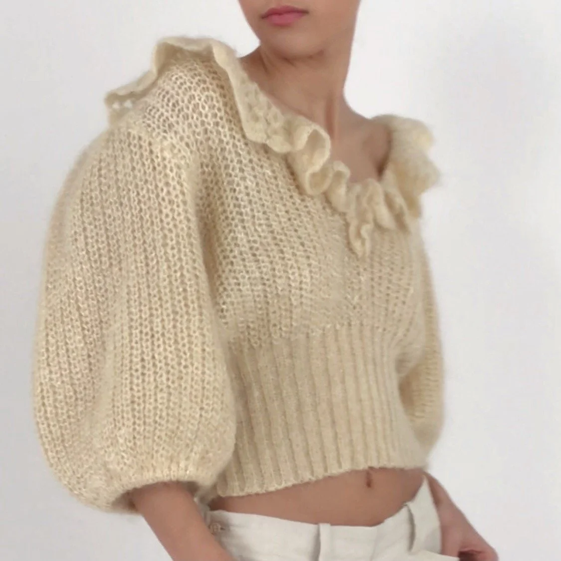Vintage Cream Mohair Puff Sleeve Sweater Top