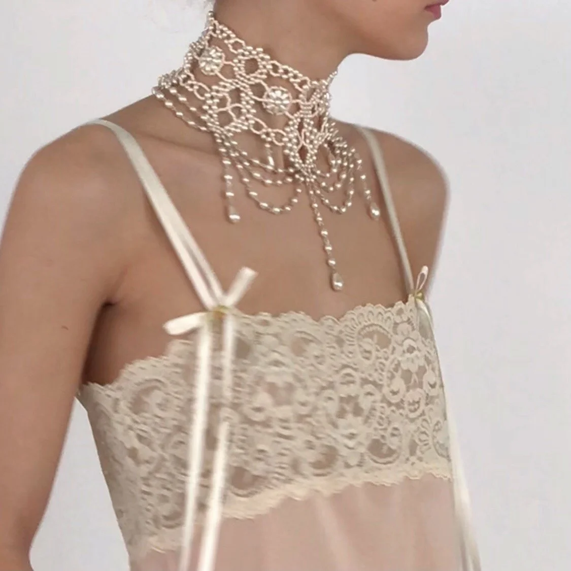 Vintage 1980's Floral Faux Pearl and Bead High Collar Necklace