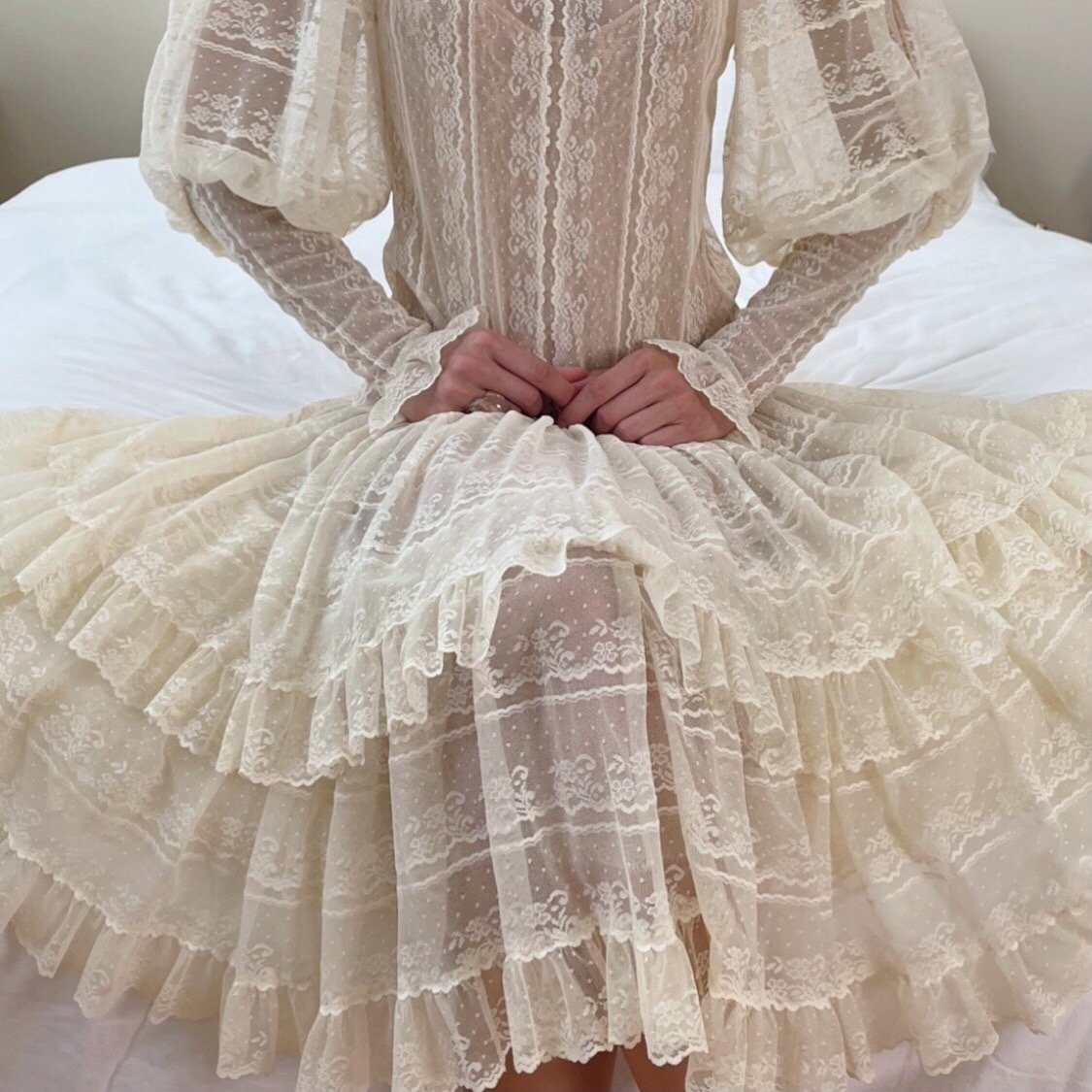 Vintage 70's Vanilla Cream Floral Lace Ruffle Dress