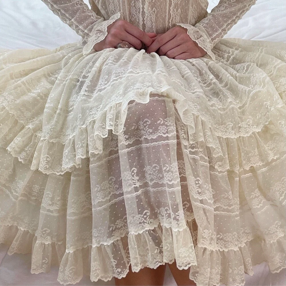 Vintage 70's Vanilla Cream Floral Lace Ruffle Dress  Esmes Drawer Too