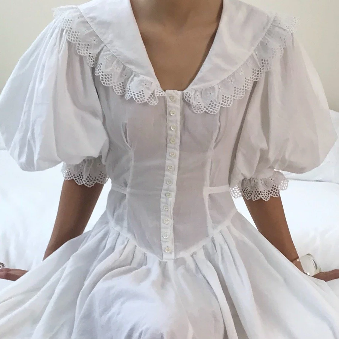 Vintage 1970's White Cotton Puff Sleeve Dress