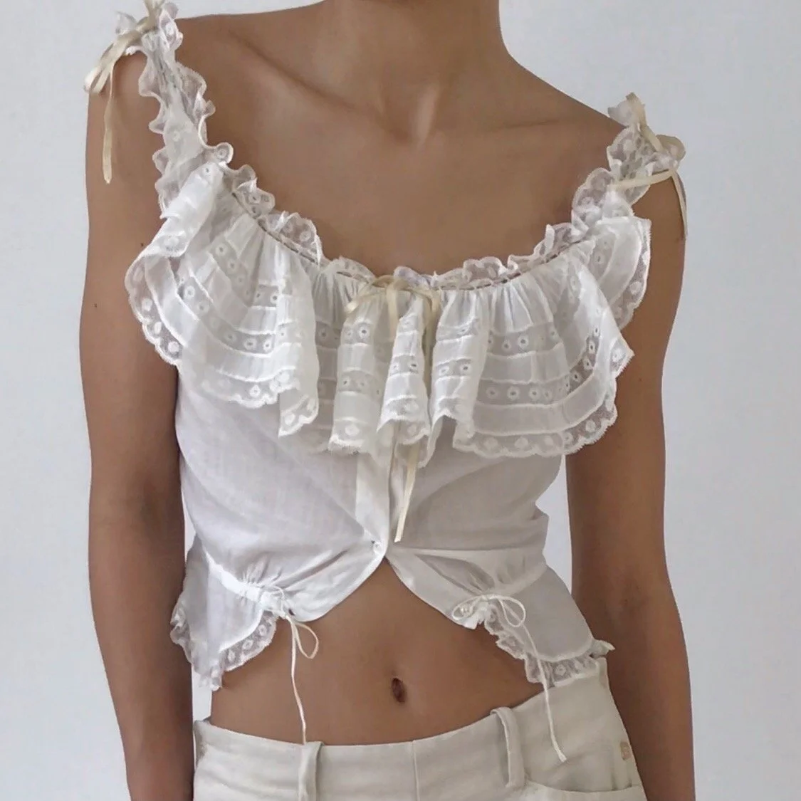 Antique Vintage White Cotton Lace Ruffle Top