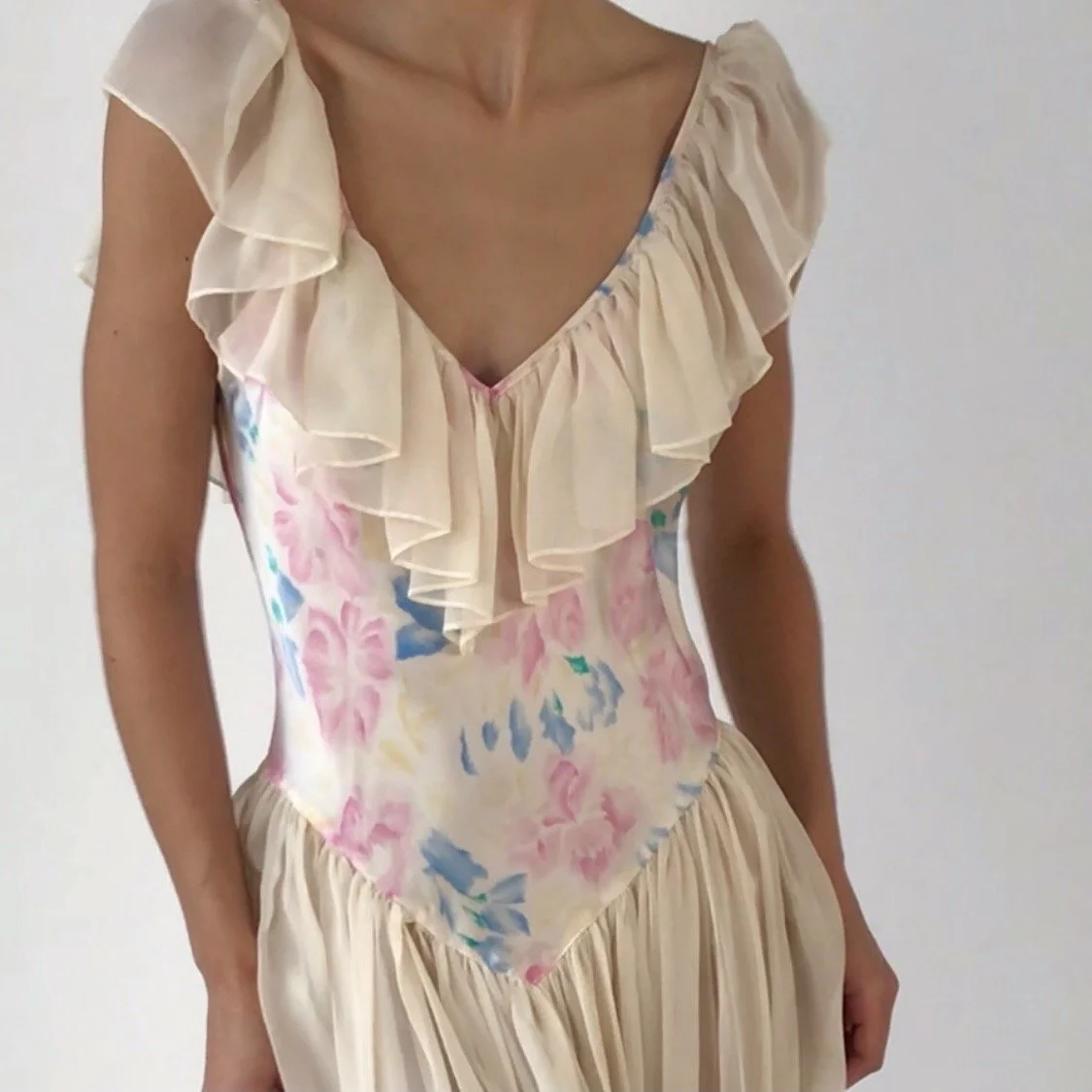 Vintage VS Floral Silk Charmeuse Ruffle Dress