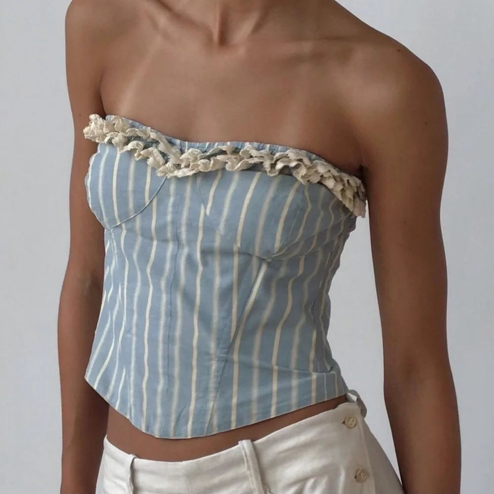 Vintage RALPH LAUREN Blue Stripe Ruffle RARE Bustier Top — Esmes