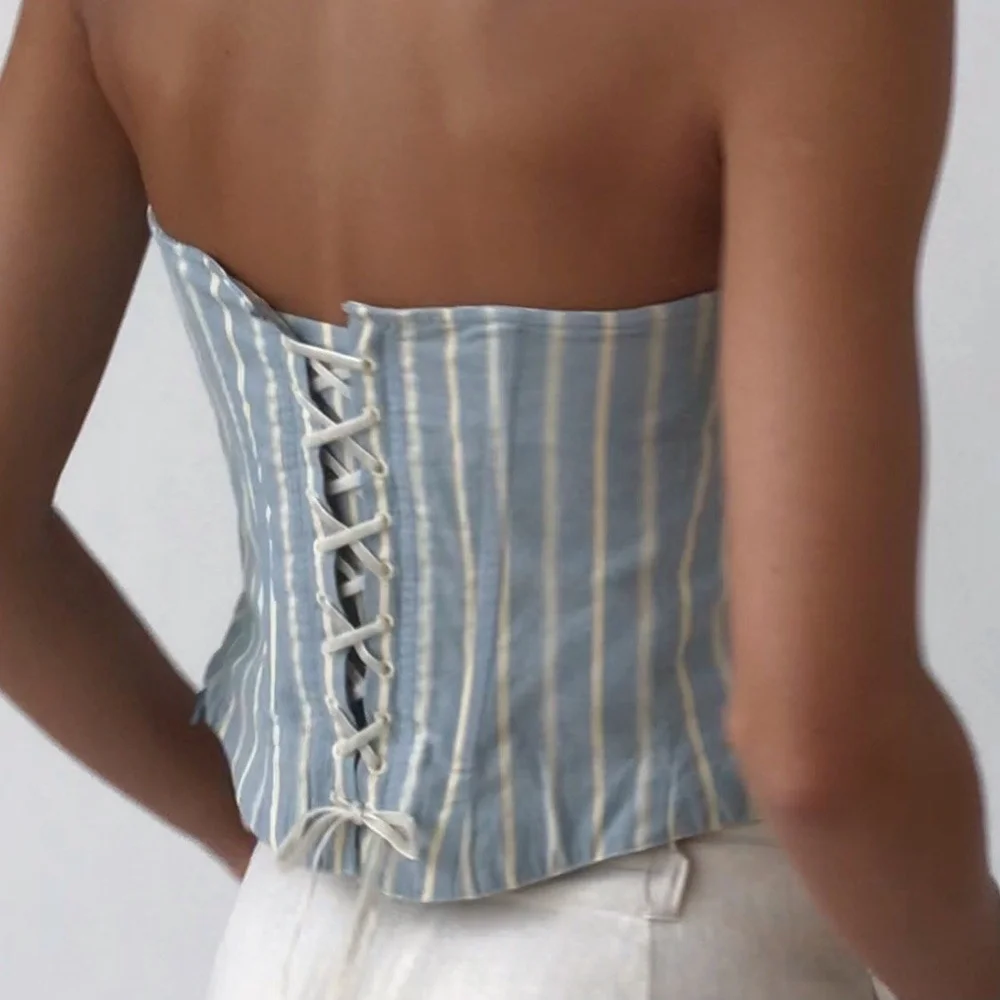 Vintage RALPH LAUREN Blue Stripe Ruffle RARE Bustier Top — Esmes