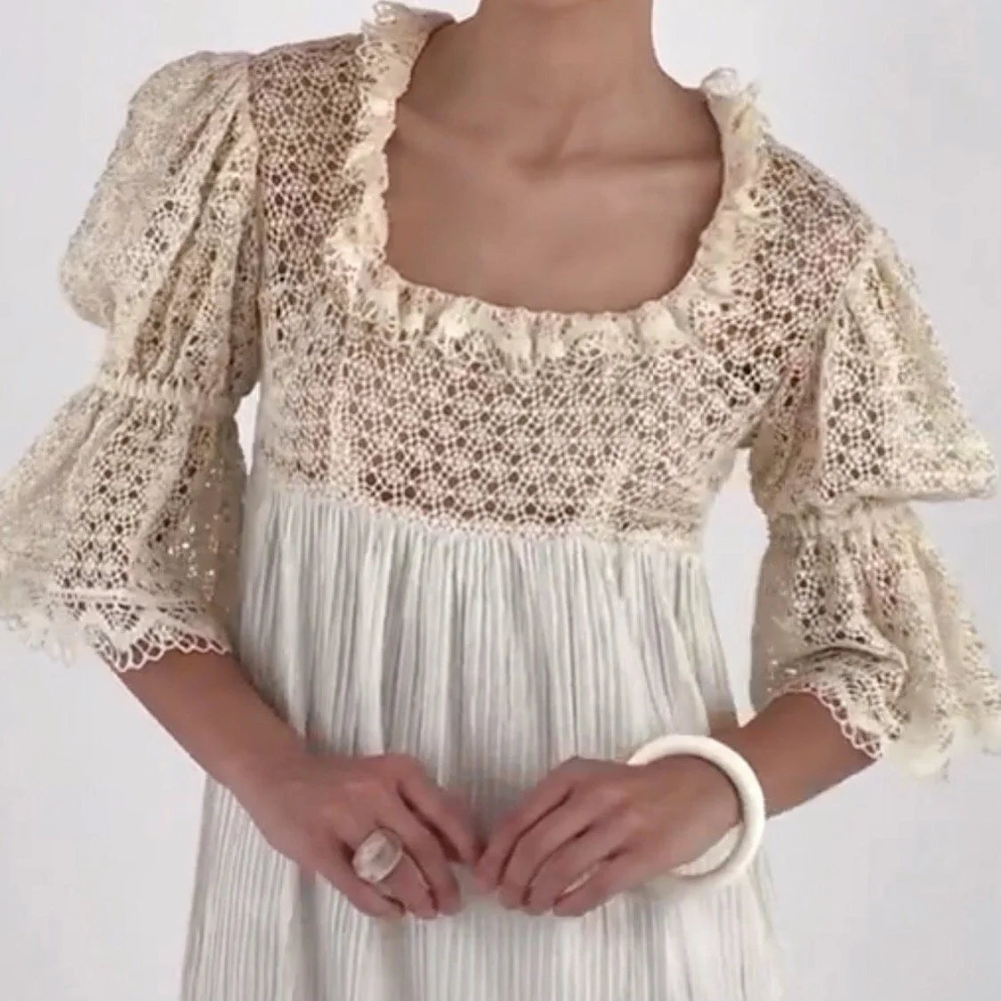 Vintage 70's Pintuck and Crochet Lace Puff Sleeve Dress